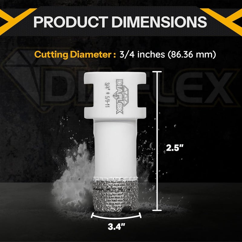 DIAFLEX Premium Brazed Core Bit – 3/4" Diamond Hole Saw for Porcelain, Ceramic, Stone, Dekton – 5/8"-11 Thread – Fast Clean Cuts – Vacuum Brazed – Wet or Dry Use - Image 3
